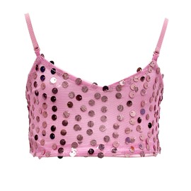 KKmeter Kids Girls Sequined Spaghetti Shoulder Straps Crop Tops V Neck Belly Hip Hop Jazz Dance Bra Vest Shirts (Pink, 10-12)