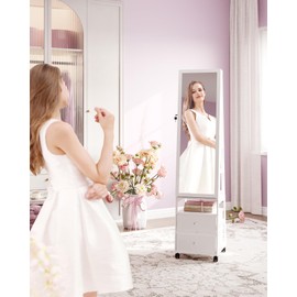 Hzuaneri Jewelry Cabinet，42.5" Lockable Standing Jewellery Mirror Cabinet with 2 Drawers, 360° Swivel Jewellery Cabinet with Lights on Four Wheels, Full Length Mirror, White JC37503B