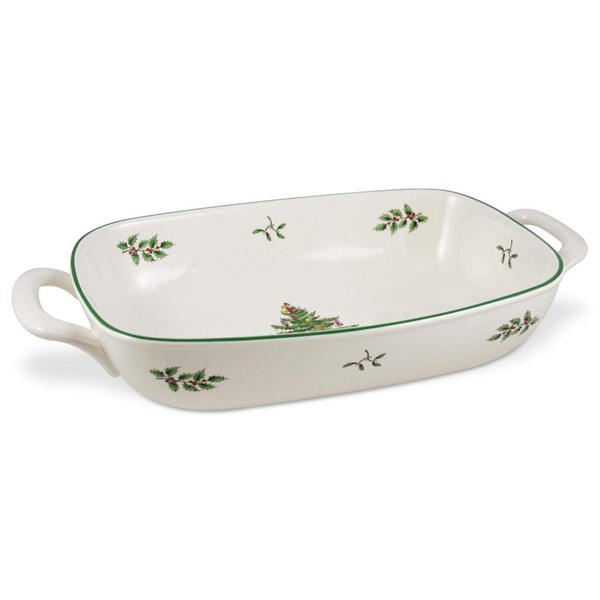 Spode Christmas Tree Bread Basket | Baking Dish with Handles | Oven to Table Lasagna Dish | Handled Serving Tray | Made of Fine Earthenware | 14 x 7.5 Inch | Dishwasher Safe