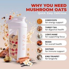 RYZE SUPERFOODS Mushroom Protein Overnight Oats, Oatmeal with 6 Adaptogenic Mushrooms and 20g Grass-Fed Whey Protein & Chia Seeds, Lions Mane, Turkey Tail, Shiitake, Reishi, Healthy Breakfast, 7 servings