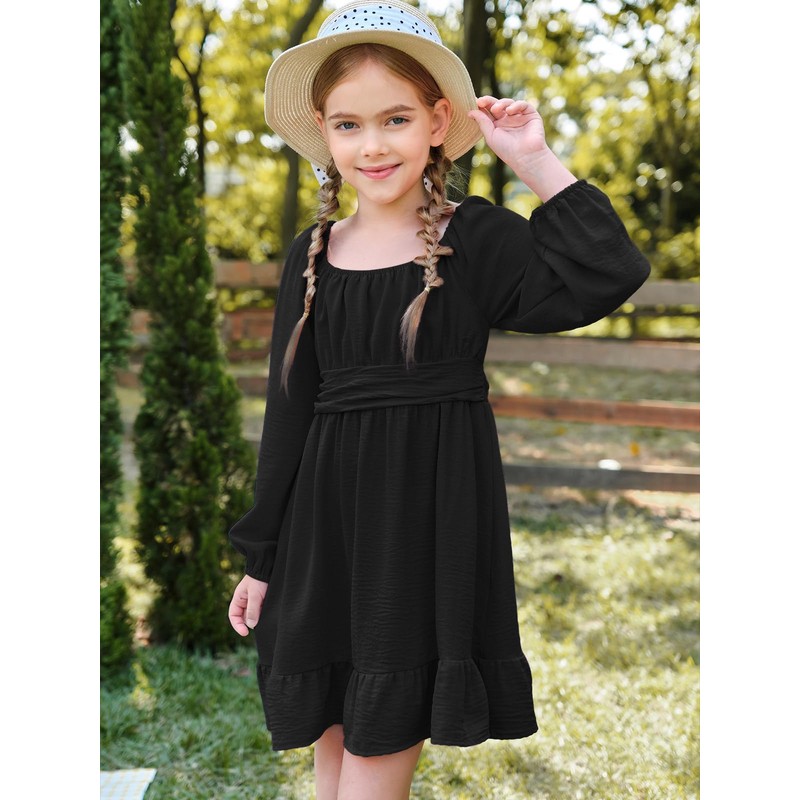 Batermoon Girls Long Sleeve Tie Back Dress Kids Fall Square