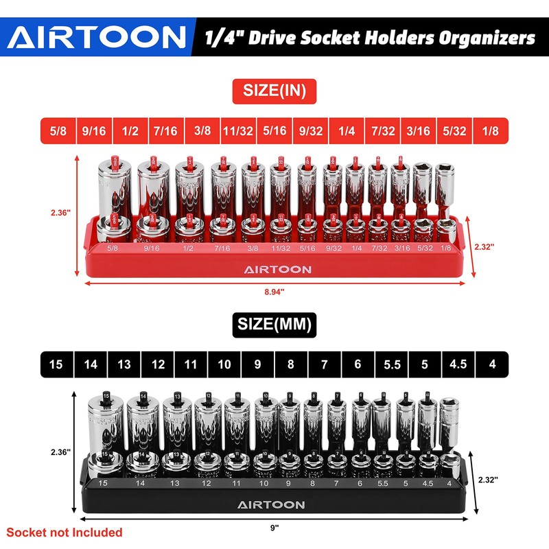 AIRTOON 1/4-Inch Drive Socket Organizer Trays, 2-Piece SAE and Metric