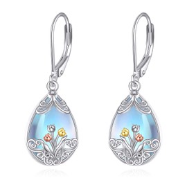 Tulip Earrings S925 Sterling Silver Tulip Flowers Stud Earrings Moonstone Tulips Tear Drop Hanging Earrings Tulip Jewellery Gifts for Women Lovers, Sterling Silver, No Gemstone