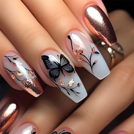 Coffin Press on Nails Medium Butterfly Fake Nails with Rose Gold Glitter Flowers Design French Tip False Nails Butterfly Glue on Nails Pink Glitter Flower Acrylic Stick on Nails for Women Girls 24Pcs
