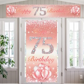Happy 75th Birthday Door Cover Porch Long Banner Sign Set 75 Years Old Birthday Decoraions Party Supplies for Women Rose Gold