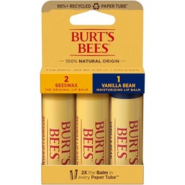 Burt's Bees Bálsamo Labial Hidratante, 2 Cera de Abeja Original y 1 Vainilla, 100% Origen Natural, 0.34 Onzas Cada Uno, 3 Tubos de Papel, El Paquete Puede Variar