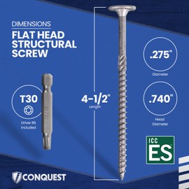 Conquest Structural Wood Screws - 0.275" x 4 1/2" ICC Certified Heavy-Duty Self Tapping Flat Head T30 Star Drive Screws (Pack of 50)