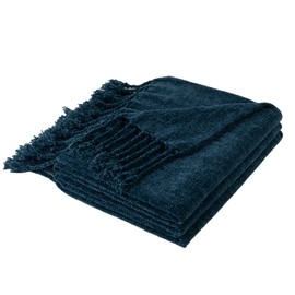 BATTILO HOME Navy Blue Throw Blanket for Couch Bed Sofa, Soft Cozy Chenille Throw Blanket with Fringe Tassels, Lightweight Knit Throw Blanket for Home Decor,130×150cm