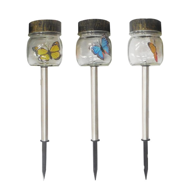 3-Pack Glass Butterfly in a Jar Stake Lights - Solar LED Waterproof Outdoor Garden Decor - Decorative Electronic Light Fixture Jars for Yard, Lawn, Patio, Deck, Pathway, Pond, Backyard