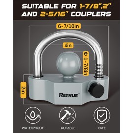 RETRUE Heavy-Duty Universal Coupler Lock Trailer Locks Ball Hitch Trailer Hitch Lock Adjustable Security Steel Fits 1-7/8 Inch, 2 Inch, 2-5/16 Inch Couplers Grey & Silver