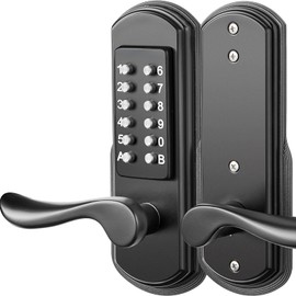 Elemake Mechanical Door Lock with Handle, Left Handed Keyless Entry Door Lock with Keypad, Combination Door Lever Lock - Not Deadbolt