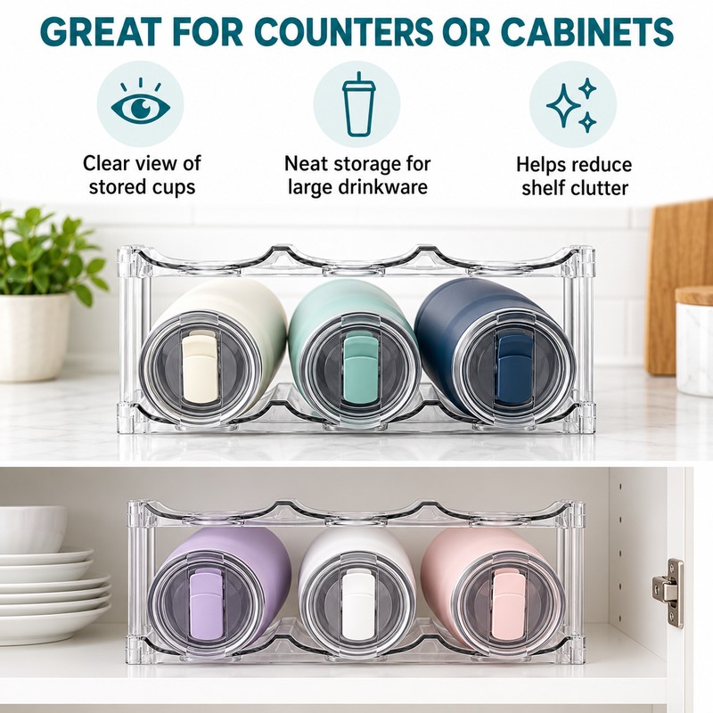 Stackable Water Bottle Organizer Rack, 2 Tier Clear Plastic Holder