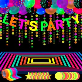 52 Pack Glow Neon Party Supplies Glow Party Decorations Neon Birthday Party Supplies Black Light Reactive Decor Set - Fluorescent Banner, Blacklight Garlands, Glow in The Dark Balloons, Luminous Tape