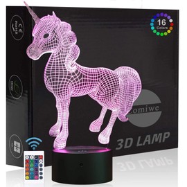 Comiwe Unicorn (D) 3D Illusion Night Light Toy, Decoration LED Bedside Lamp, 16 Colours, Changing with Remote Control, Christmas Decoration Lamp, Birthday Gift for Girls, Boys, Children and Friends