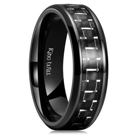 King Will GENTLEMAN 7MM Mens Wedding Ring Black Titanium Ring Black&Silver Carbon Fiber Inlay Promise Ring For Him Comfort Fit 8