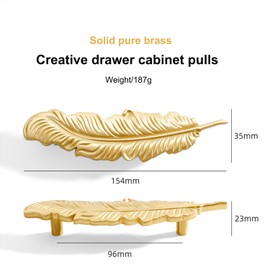 LFWATAXY 2PCS Solid brass feather cabinet drawer handle knob, gold feather drawer cabinet handle, Small Handles Modern Minimalist Handles Knobs for Bathroom Kitchen Wardrobe (Hole spacing:96mm)
