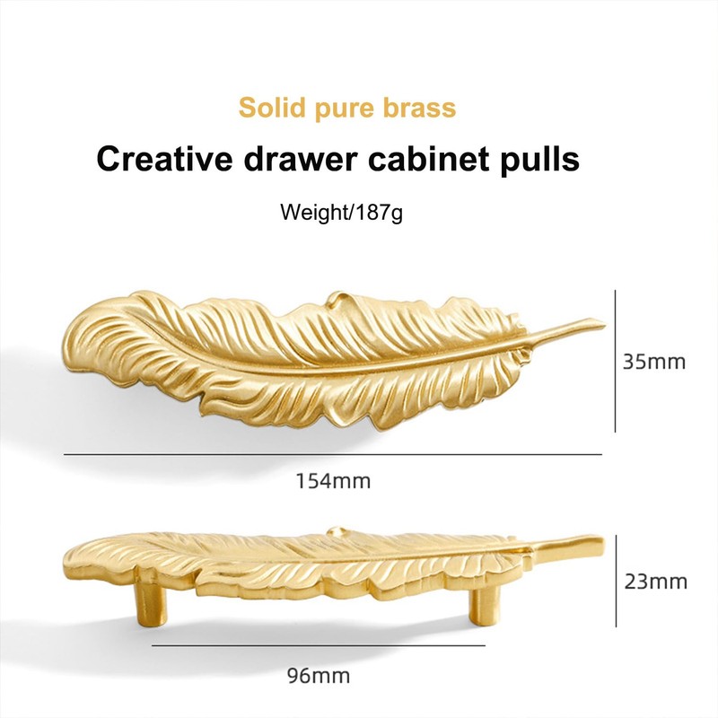 LFWATAXY 2PCS Solid brass feather cabinet drawer handle knob, gold