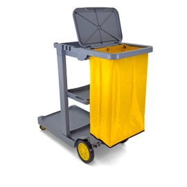 Compact Size Janitorial Cart | 3 Shelves | 25 Gallon Vinyl Bag with Cover | 450 LBS Capacity | Gray