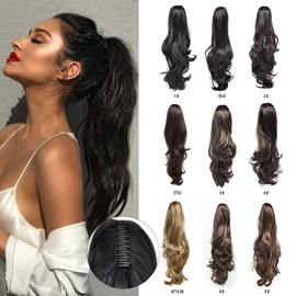 Ponytail Clip In Claw Long Wavy Straight Thick Synthetic Pony Hair Extension 22'' 14'' Heat Resistant Curly Pony Tail Hairpiece For Women USA (22'', 26/12# Dark Ash Blonde & Brown Auburn)