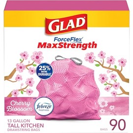 Glad Glad ForceFlex MaxStrength Tall Kitchen Drawstring Trash Bags, 13 Gal, Cherry Blossom, 90 Ct (Package May Vary)