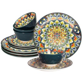YA JU Mandala Dinnerware Sets (12 Pcs) Serves 4, Buffet Dinnerware, Boho Plates and Bowls Dish Set with 8" Deep Plate 10" dinner Plate 4.8" bowl, apply Casual dining Indoor Outdoor Dining Party