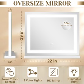ROLOVE Lighted Vanity Mirror with Lights, LED Makeup Mirror with 3 Color Modes, Touch Dimming, Wall Mountable & Tabletop, Dressing Room Mirror with 10X Magnification, 22x19 Inch, White