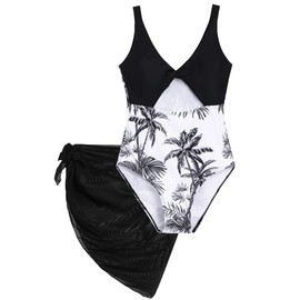 Mecamelon Girls One Piece Swimsuit with Cover Up Skirt Cut Out Bathing Suit Swimwear 8-15Y (Black Floral, 12-13 Years)