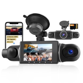Inefala 4-Kanal-Dashcam, 360-Grad-Dashcam 1080Px4 vorne und hinten innen Links rechts, Autokamera mit 64-GB-Karte – WLAN, Loop-Aufnahme, G-Sensor, Nachtsicht, Parküberwachung, Rückfahrassistent
