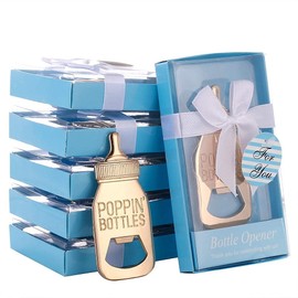 DAJAMAI 12 Pack Baby Bottle Bottle Openers for Baby Shower Favors Gifts, Bridal Baby Shower Decorations Souvenirs, Poppin Bottles Openers with Exquisite Gifts Box used for Baby Party (New Blue)