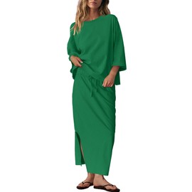 LAMISSCHE Skirt Sets Women 2 Piece Outfits Casual Lounge Set Back Vented Tops and Maxi Dress with Pockets(Green,M)