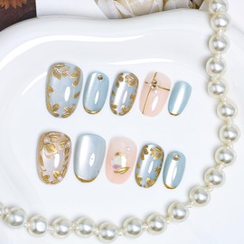 24Pcs Gold French Tip Fake Nails Short Press on Nails Gilded Flower Leaves Full Cover Glossy False Nails with 3D Rhinestones Glue on Nails Glitter Fall Floral Artificial Nails for Women Manicure Kit