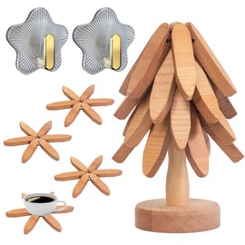 JIBEIWUYU Wooden Tree Coasters Trivets for Hot Dishes Trivets for Hot Pots and Pans 4 Wooden Trivet + 1 Stand Match Any Countertop
