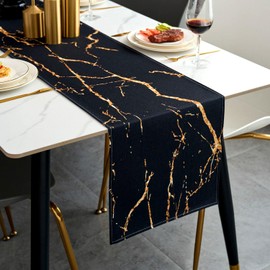 Jayusaror Table Runner Modern Autumn Black and Gold Linen Marble Golden Texture Abstract Art Washable Table Runner for Coffee Dining Room Dresser Side Table Bedroom 40 x 140 cm