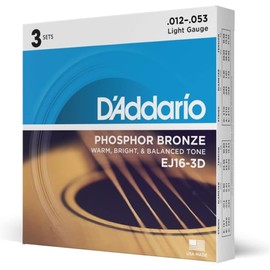 D'Addario Guitar Strings - Phosphor Bronze Acoustic Guitar Strings - EJ16-3D - Rich, Full Tonal Spectrum - For 6 String Guitars - 12-53 Light, 3-Pack