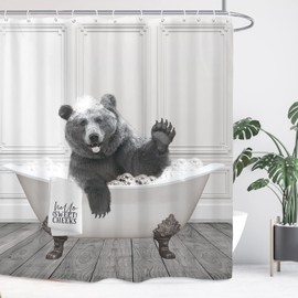 Yookeb Funny Bear Bathroom Shower Curtain 60W by 71H Inch Animal Farmhouse Cabin Hello Sweet Cheeks Polyester Fabric 12 Plastic Hooks Waterproof Decor