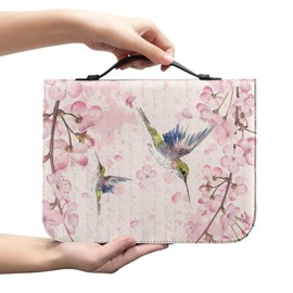 ZIATUBLES Hummingbird Floral Pink Print Bible Covers for Women Men PU Leather Bible Case Bible Bag with Handle Bible Tote Bag Zipper Bible Cover for Bible Study Supplies, L