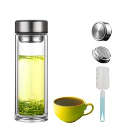 Pauzema Tea Tumbler with Infuser, 12oz Double Wall Borosilicate Glass Tea Bottle, 350ml Leak-Proof with Stainless Steel Filter