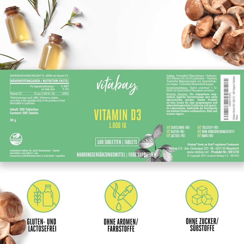 Vitabay Vitamin D3, 1000 IU, 500 Vegan Tablets