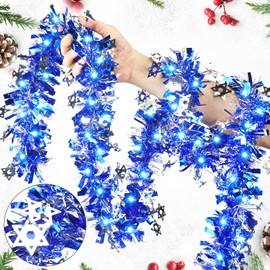 Kingdder 16.4 ft Hanukkah Prelit Tinsel Garland with Lights Battery Operated 50 LED Hanging Foil Garland for Home Party Decoration