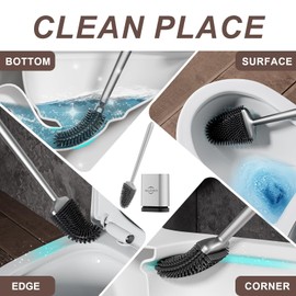 Sellemer Toilet Brush and Holder Set - Flexible Toilet Bowl Brush Head with Silicone Bristles, Compact Size for Storage and Organization, Ventilation Slots Base (1 Pack, Silver)
