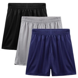 BEARAE Boys Athletic Shorts with Pockets, Quick Dry Performance Basketball Shorts, Active Shorts with Drawstring, 3 Pack Black+light Gray+navy, 10-12