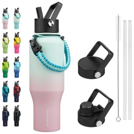 BJPKPK Insulated Water Bottles with Straw Lid, 35oz Metal Water Bottle with 2 lids & Paracord Strap, Double Wall Stainless Steel Vacuum Tumblers, Cups, Mugs, Thermos for Hot& Cold Drinks, Marshmallow