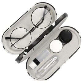 MoKo Double Eyeglass Case, Contact Lens Case with Mirror Tweezers Remover, 2 in 1 Double Sided Portable Contact Lens Box Holder Container Soak Storage Kit Sunglasses Pouch for Men & Women