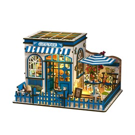 DIY Miniature House Kit, 3D Wooden Puzzle Seaside Coffee Shop with LED Lights, Book Nook Insert, Bookshelf Decor, DIY Dollhouse Craft Kit for Adults and Teens, Creative Gift Idea