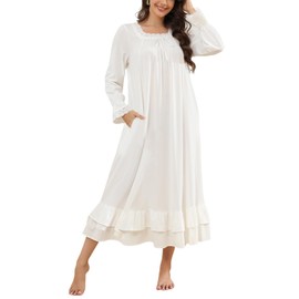 Rubehoow Womens Victorian Nightgown Classic Suqare Neck All Cotton Ladies Pajamas Vintage Full White Nightdresses (XL,White)