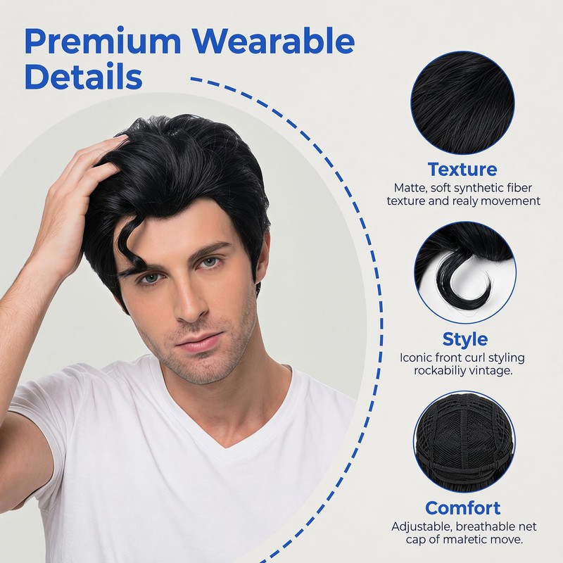 Bettecos Mens 50s Costume Wig with a Front Curly Hair-