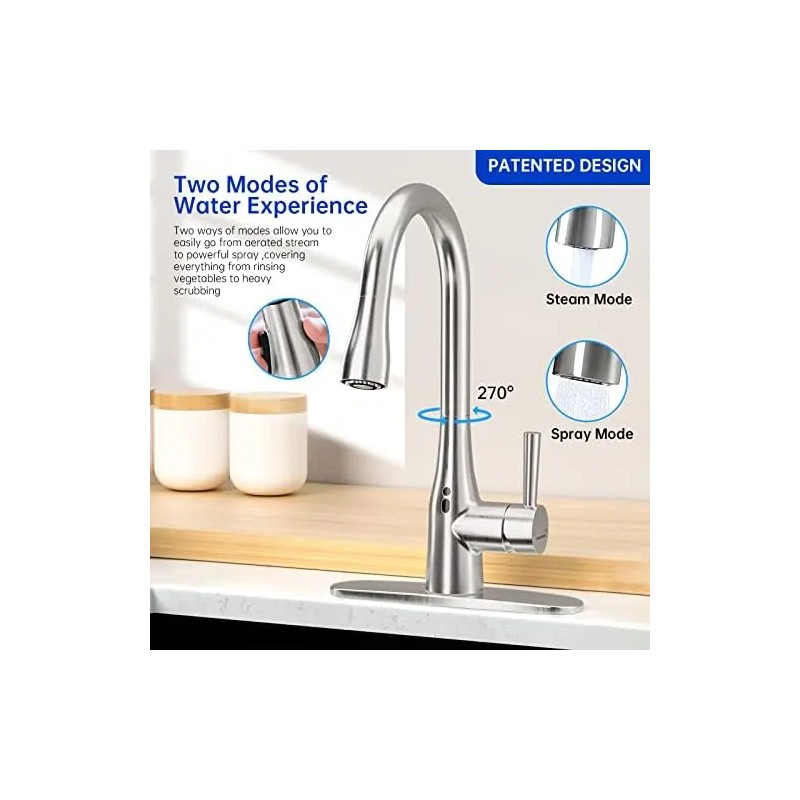 GOESMO Modern Touchless Kitchen Faucet Pull Sprayer Adjustable Water Flow