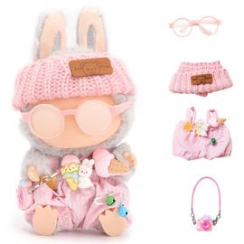 4pcs Doll Clothes Set for 17cm Blind Box Figures,Hat and Overalls Glasses Set for 17cm Plush Pendant Blind Box,Blind Box Figures Outfits Accessories (Pink)