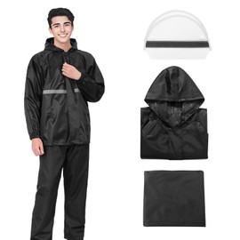 Angenster Men's Rainwear, Top and Bottom Set, Raincoat, Double Brim, Elastic Sleeves, Reflective Print, Backpack Compatible, For Bicycles, Motorcycles, Windproof, Durable, Quick Drying, Rainy Season, Mountain Climbing, Excursions (A, M)
