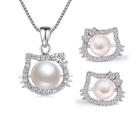 MIKAMU Necklace and Earrings Set, Finest Diamond CZ, 925 Silver, Sterling Silver, Kitty Cat Earrings, Women's, Mother's Day, Birthday, Anniversary, Gift, Cubic Zirconia